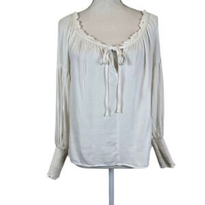 Frame Ivory Blouse Tie Neck Elastic Smocked Balloon Sleeves Oversized Small